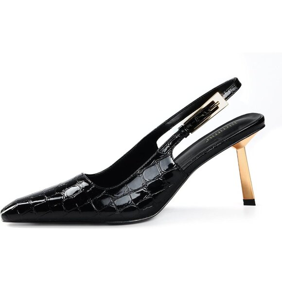 Women Croc Black Closed Toe 3.5 in Kitten Heels Pumps Square Toe Heeled - Picture 1 of 7